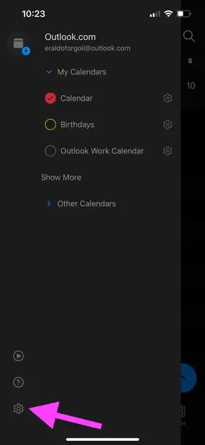 Outlook iOS - Click the Settings icon on the bottom left of the screen Outlook iOS - Click the Settings icon on the bottom left of the screen