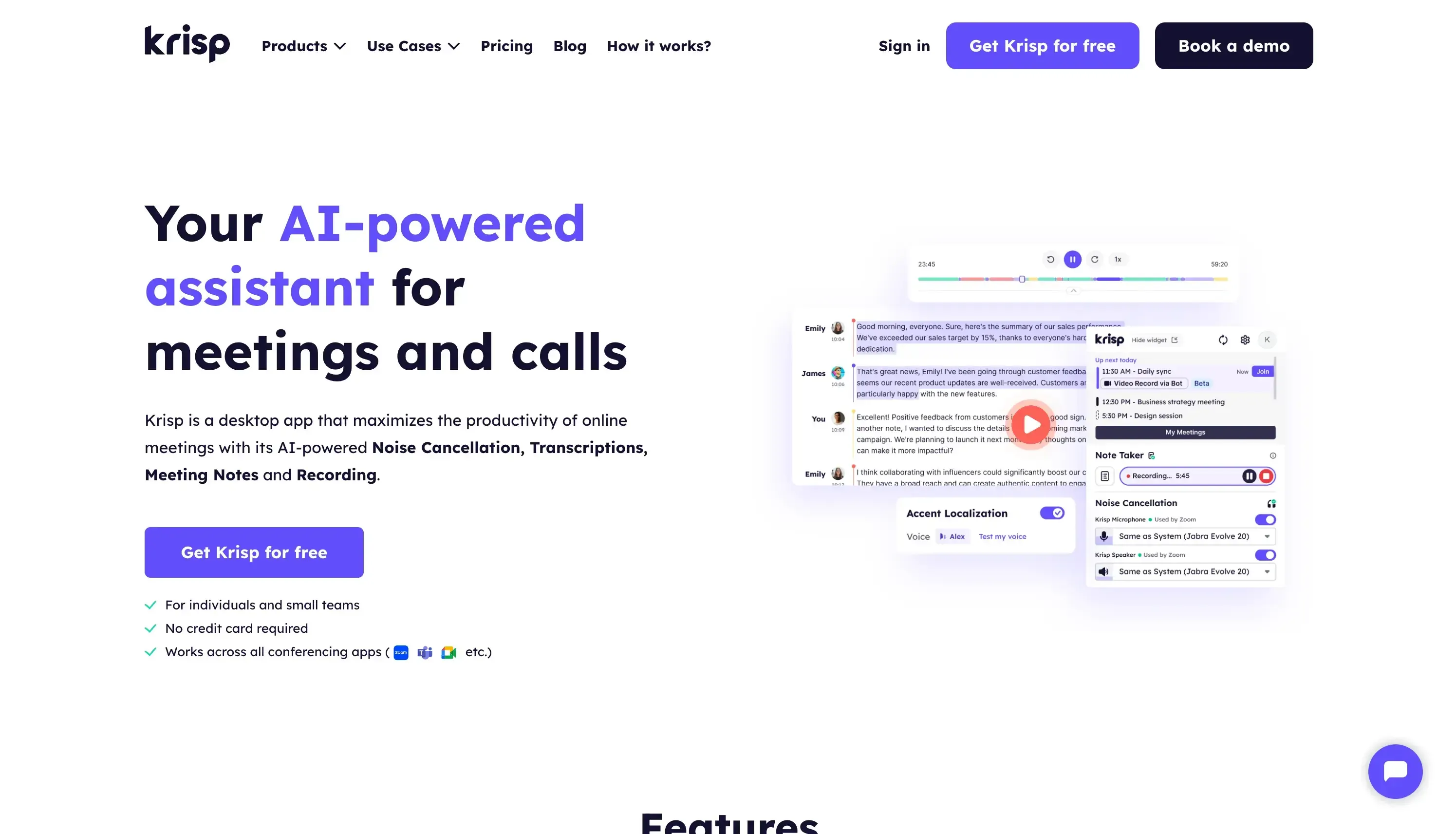 The Krisp AI Landing page The Krisp AI Landing page