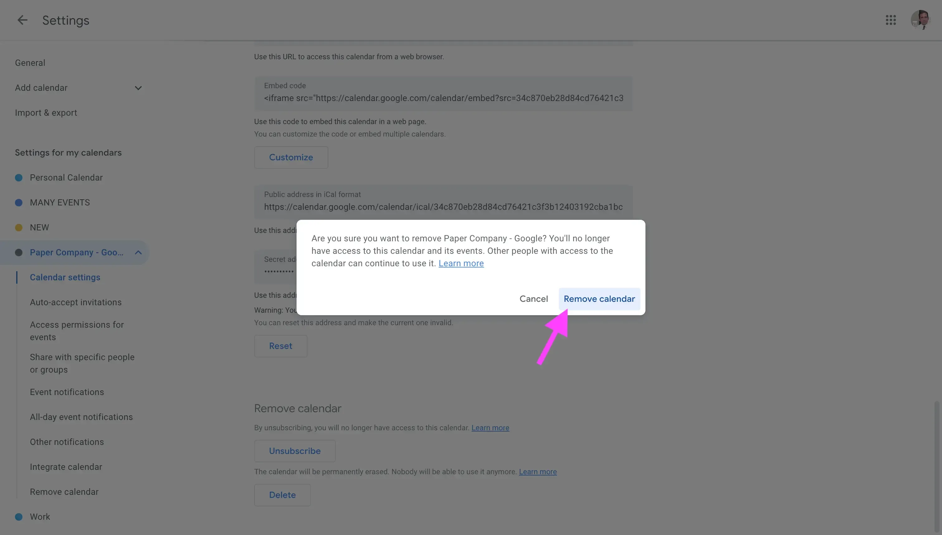 Google Calendar - Click "Remove Calendar"