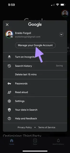 iOS mobile app - Click Manage your Google Account iOS mobile app - Click Manage your Google Account