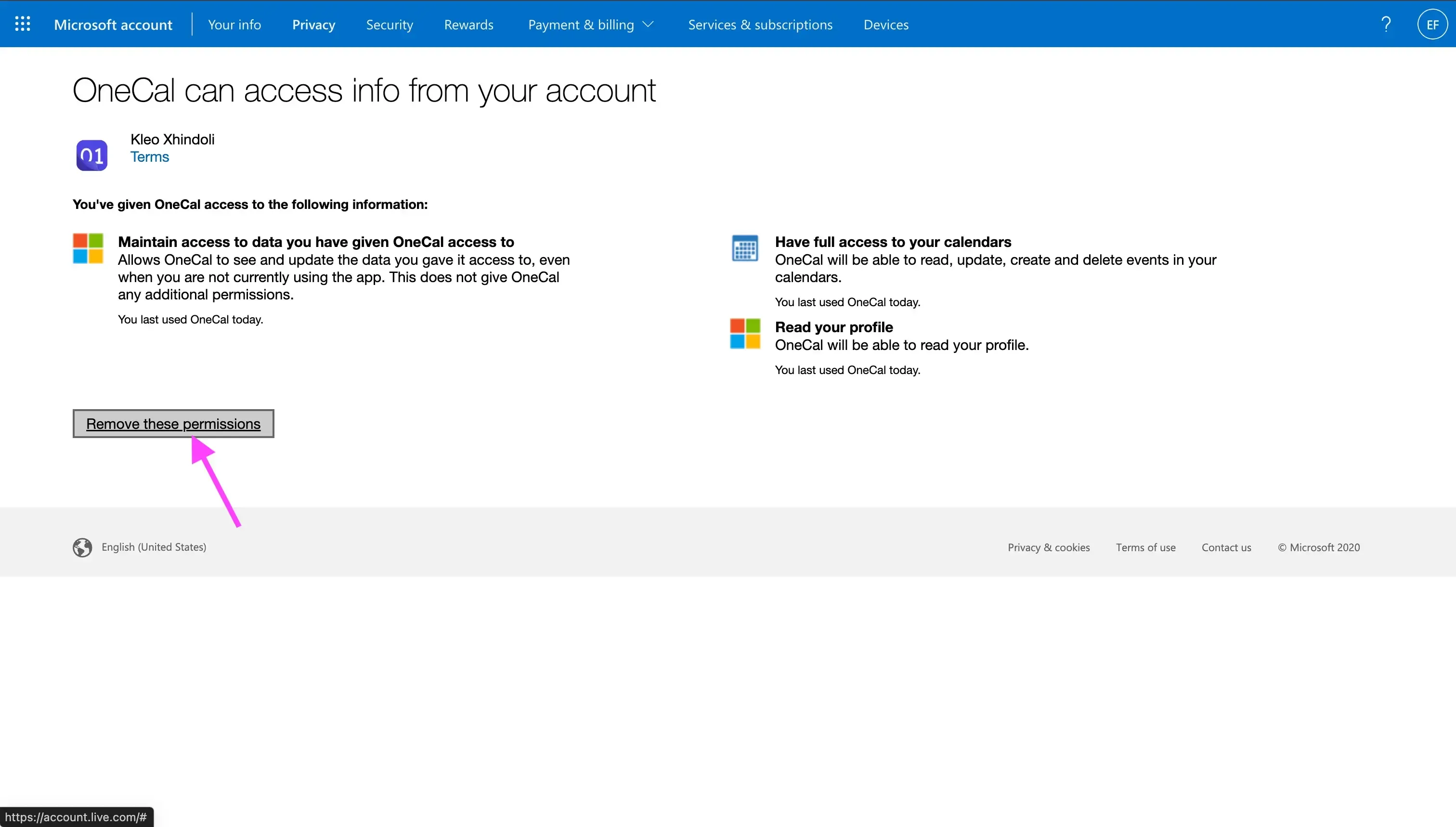 Microsoft - Click Remove these permissions Microsoft - Click Remove these permissions