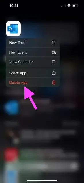 iOS - Tap and hold the Outlook app icon until the menu appears iOS - Tap and hold the Outlook app icon until the menu appears