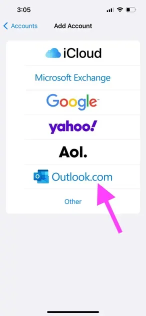 iPhone Settings - Click 'Outlook.com' iPhone Settings - Click 'Outlook.com'